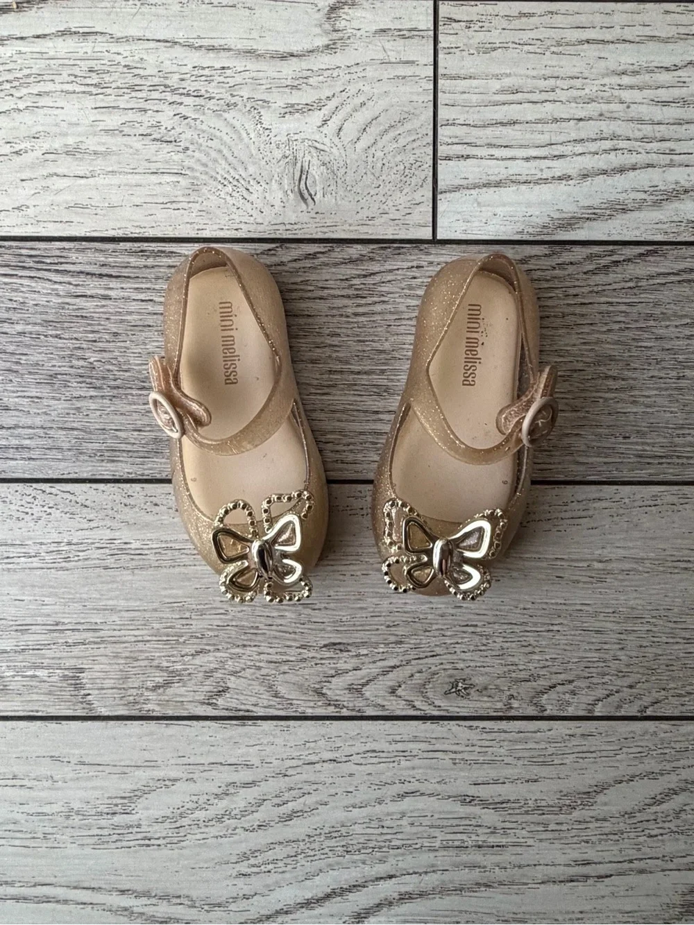Mini Melissa Metallic Gold Glitter Butterfly Mary Jane Shoes size 6